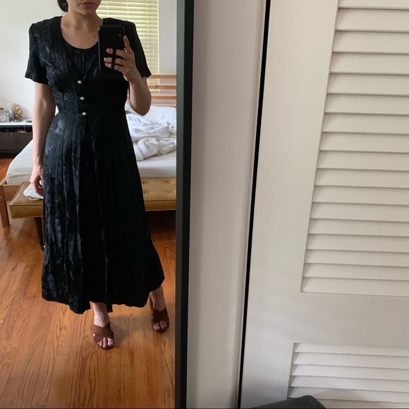 Vintage Dresses & Skirts - Vintage black silky satin maxi dress 90’s floral button